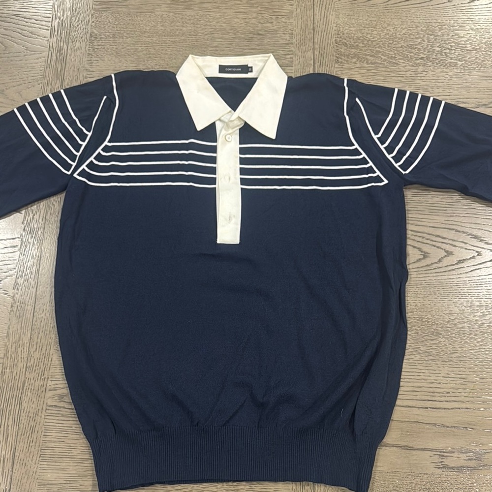 Blue and White Polo Shirt with Striped Shoulders